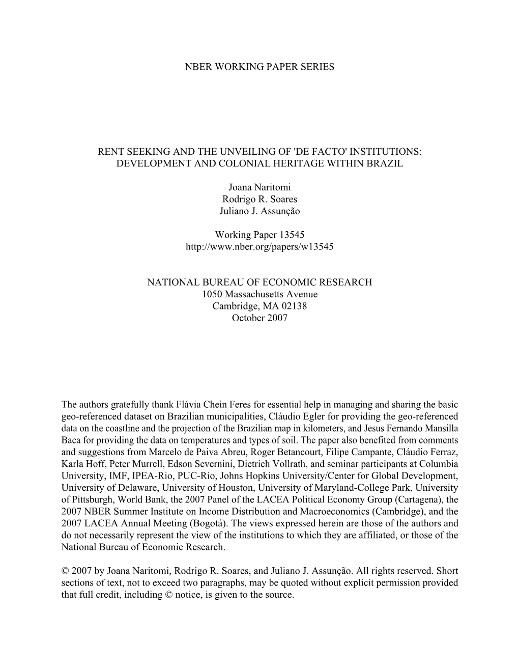 Rent Seeking and the Unveiling Of'de Facto'institutions: Development and Colonial Heritage Within Brazil