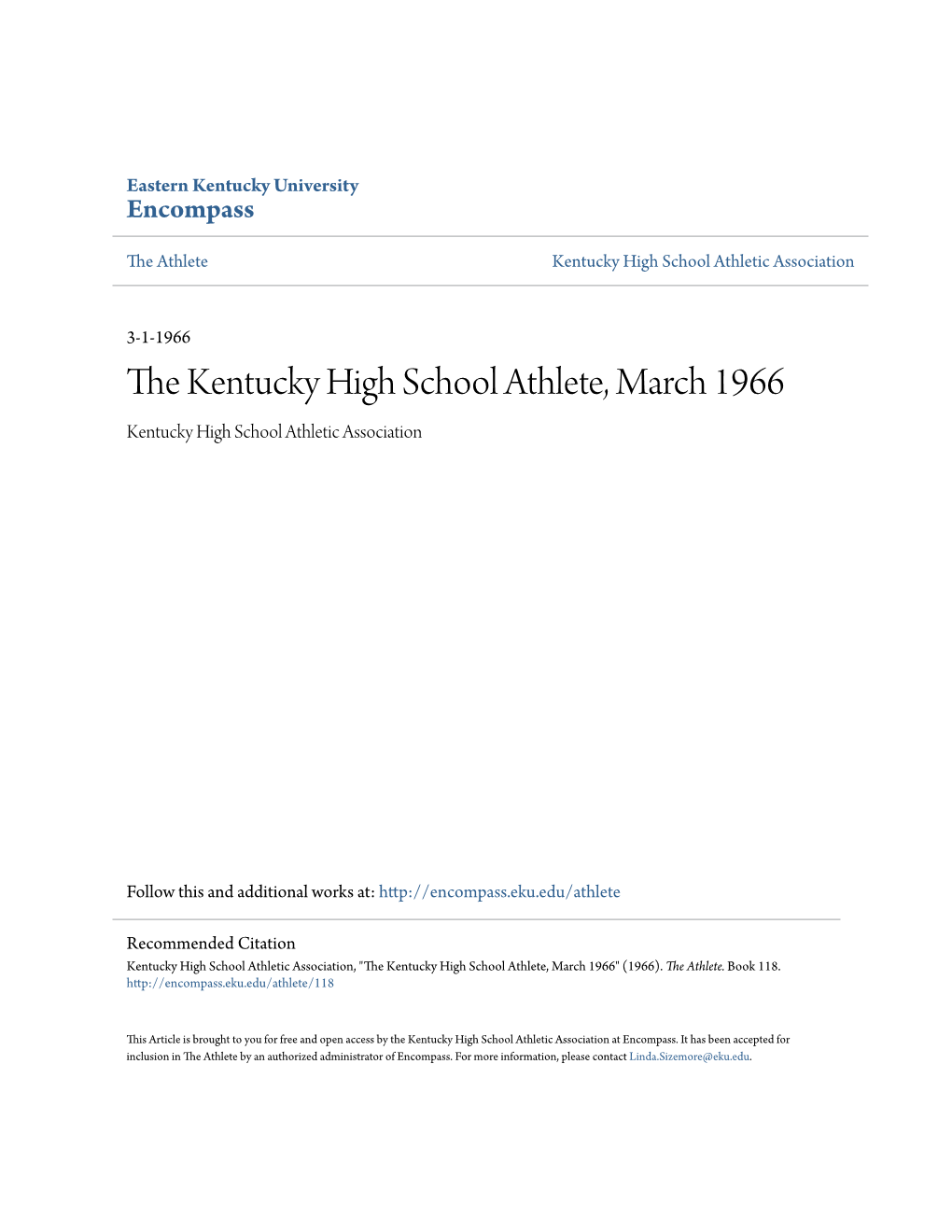 The Kentucky High School Athlete, March 1966 Kentucky High School Athletic Association
