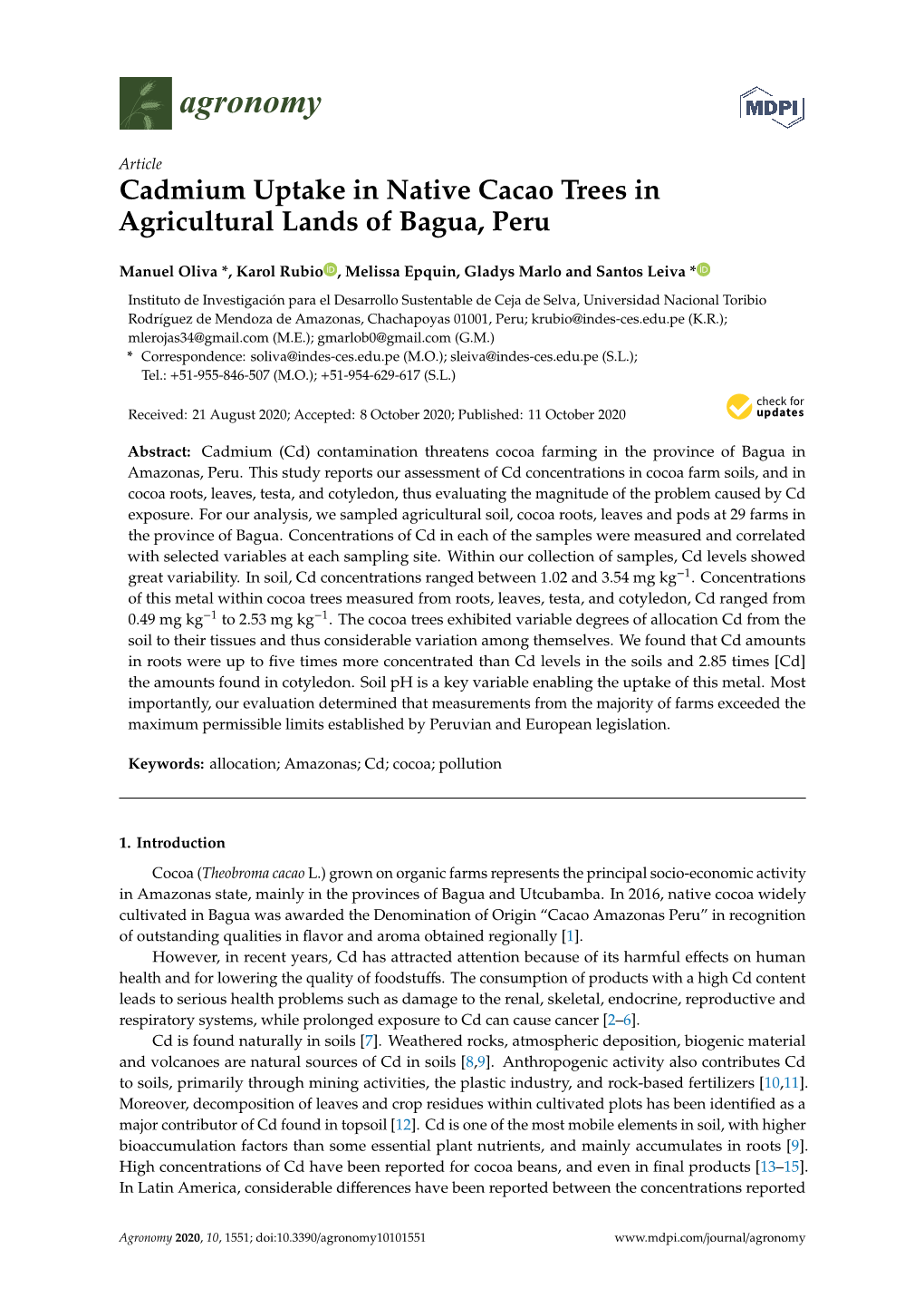 Cadmium Uptake in Native Cacao Trees in Agricultural Lands of Bagua, Peru