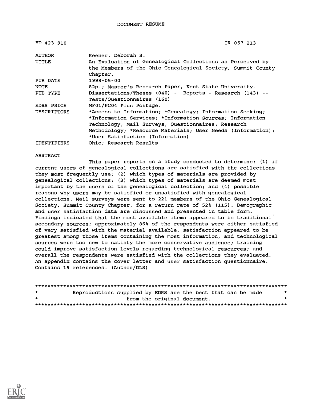 An Evaluation of Genealogical Collections As Perceived by the Members of the Ohio Genealogical Society, Summit County Chapter