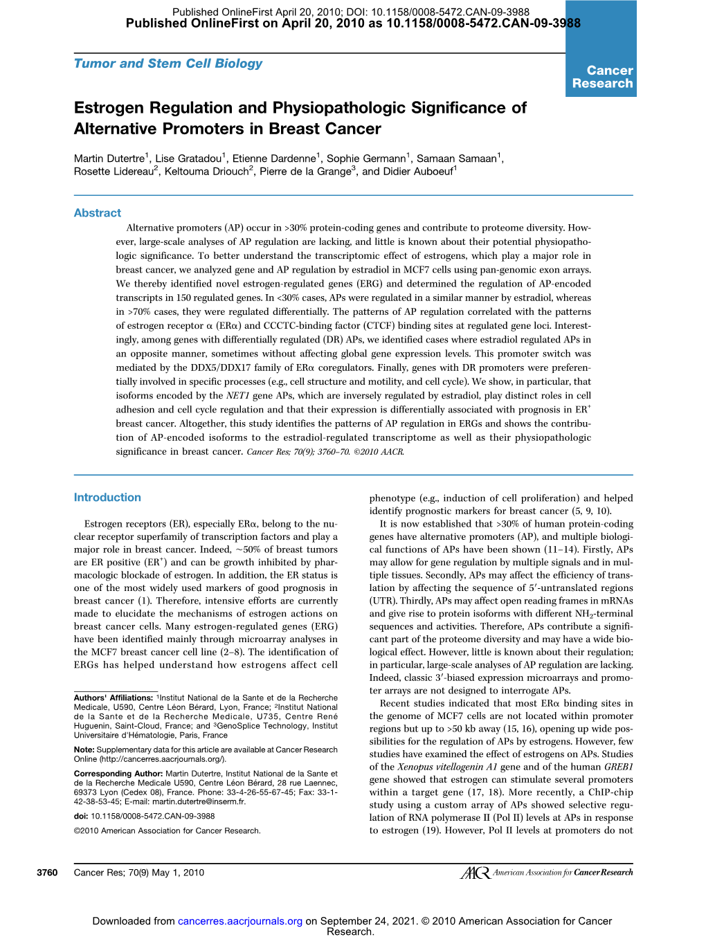 Estrogen Regulation and Physiopathologic Significance of Alternative Promoters in Breast Cancer