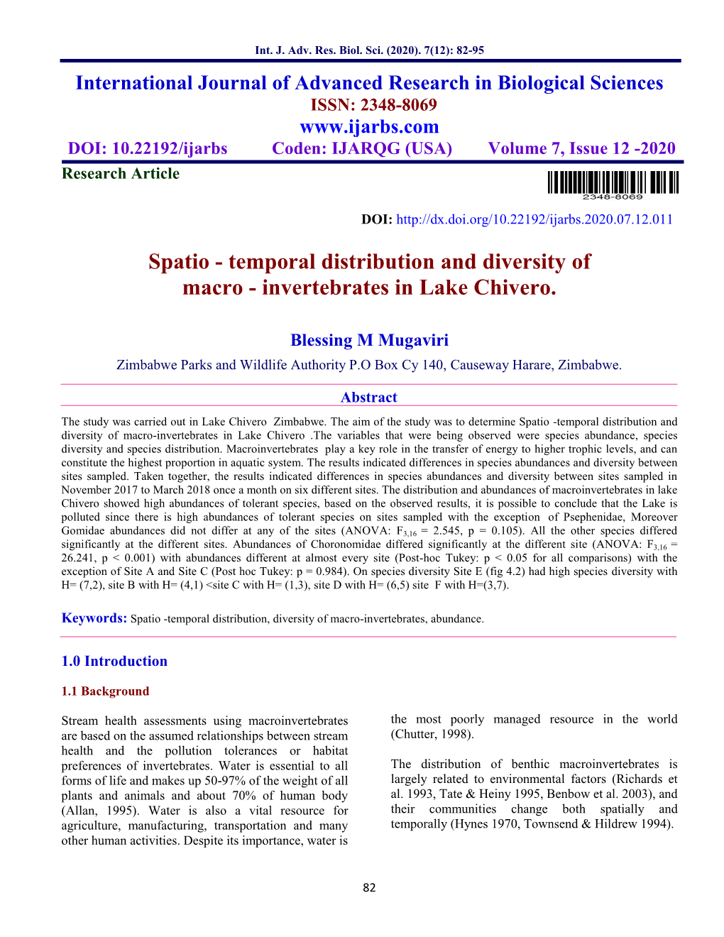 Spatio - Temporal Distribution and Diversity of Macro - Invertebrates in Lake Chivero