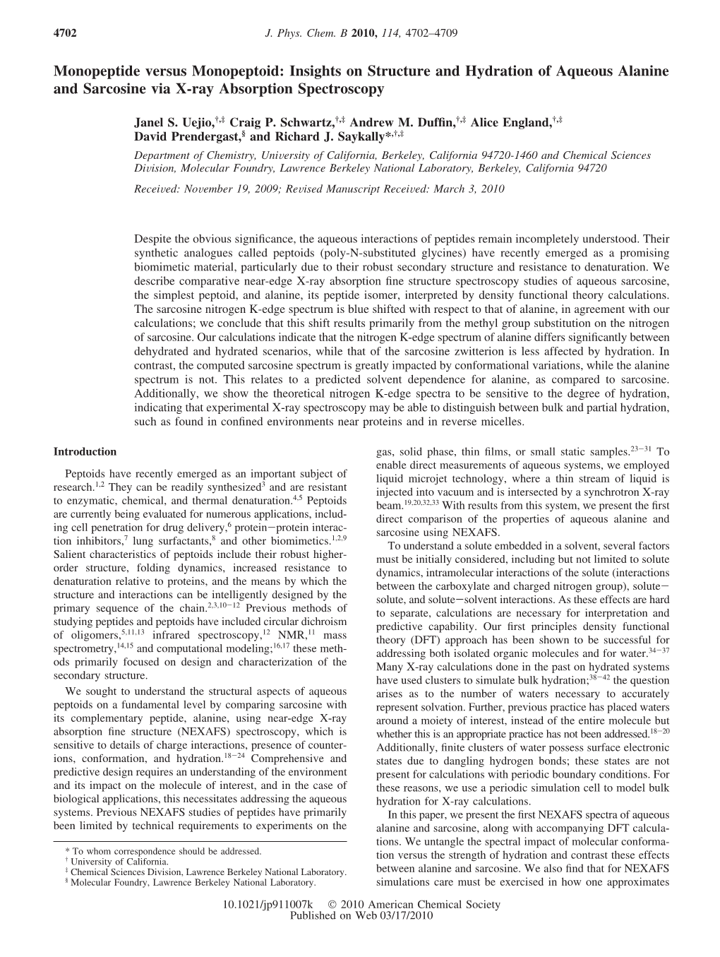 Monopeptide Versus Monopeptoid: Insights on Structure and Hydration of Aqueous Alanine and Sarcosine Via X-Ray Absorption Spectroscopy