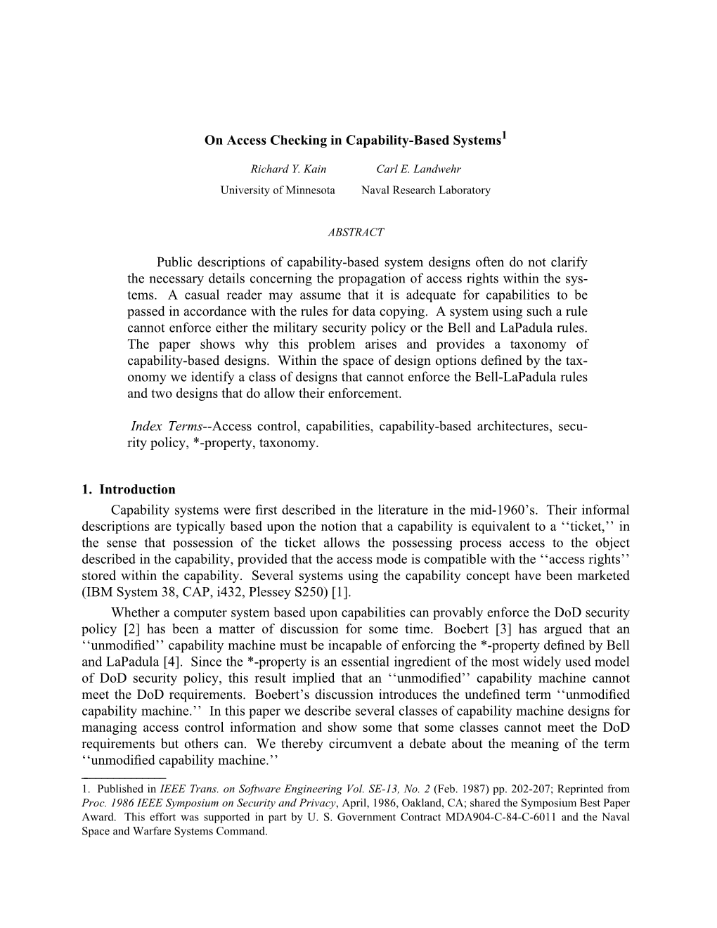 On Access Checking in Capability-Based Systems1