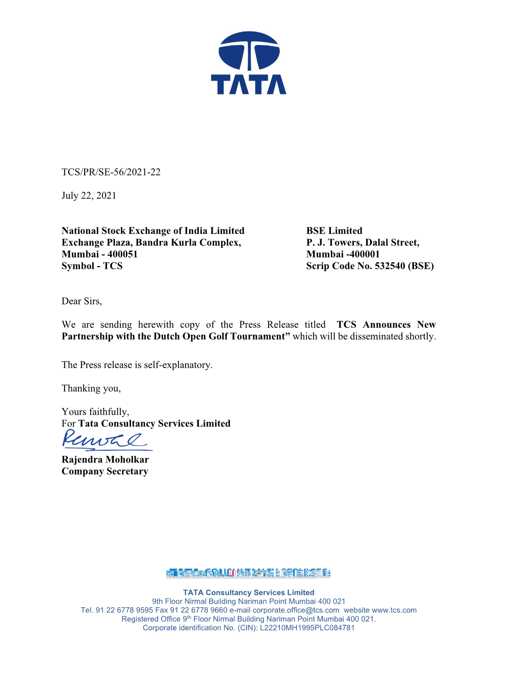 TCS/PR/SE-56/2021-22 July 22, 2021 National Stock Exchange of India