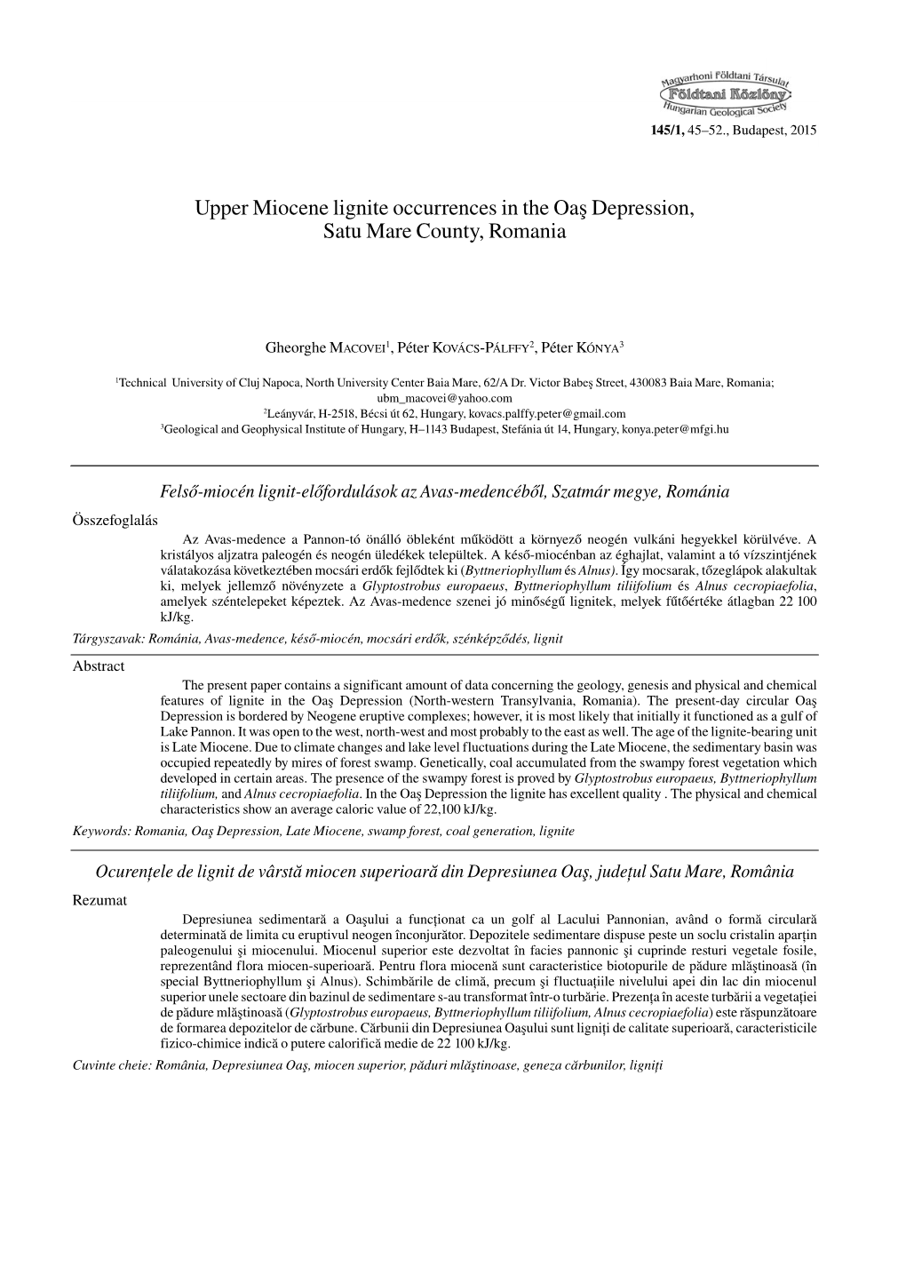 Upper Miocene Lignite Occurrences in the Oaş Depression, Satu Mare County, Romania