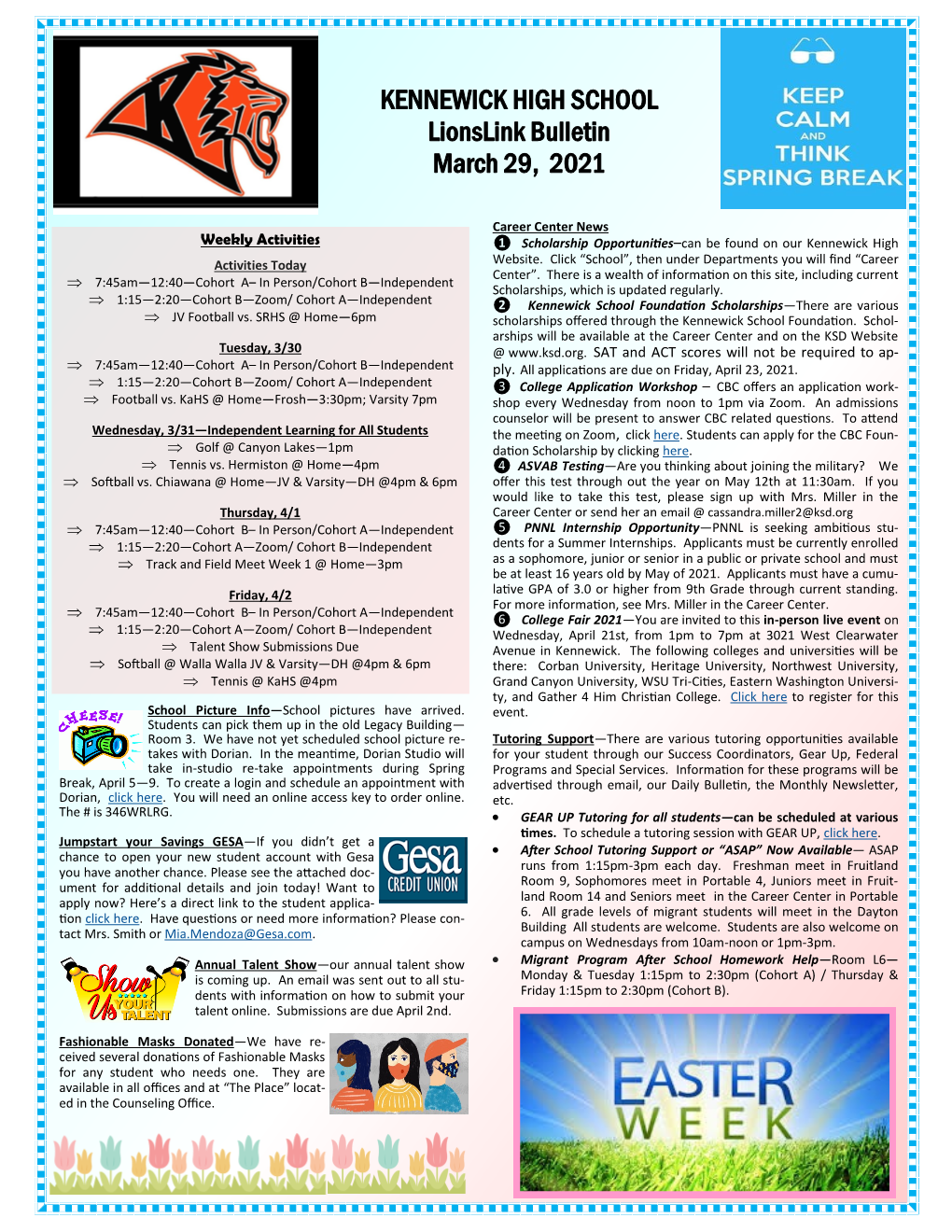 KENNEWICK HIGH SCHOOL Lionslink Bulletin March 29, 2021