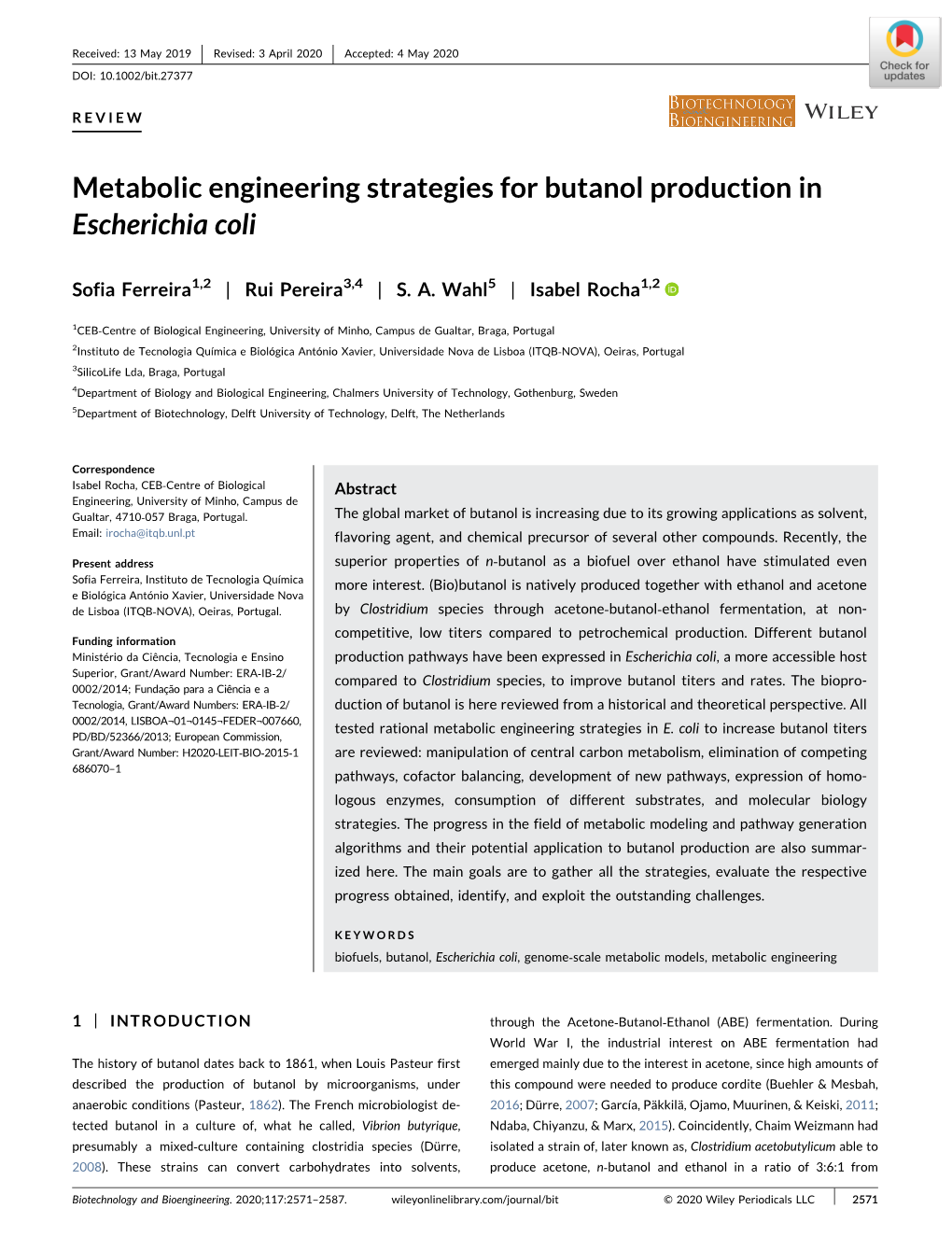 Metabolic Engineering Strategies for Butanol Production in Escherichia Coli