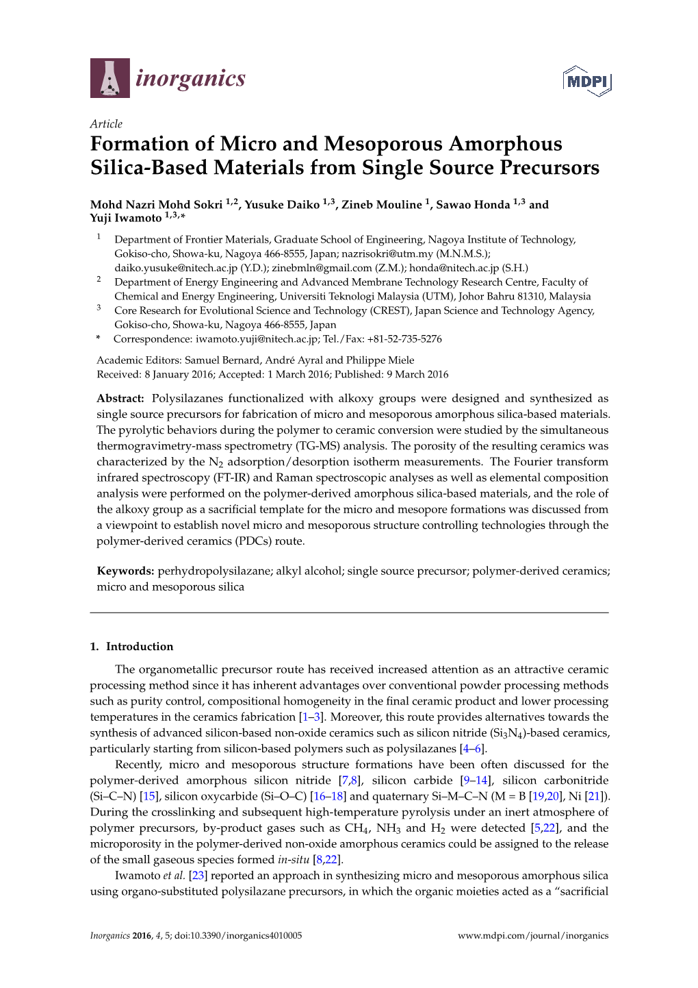 Formation of Micro and Mesoporous Amorphous Silica-Based Materials from Single Source Precursors