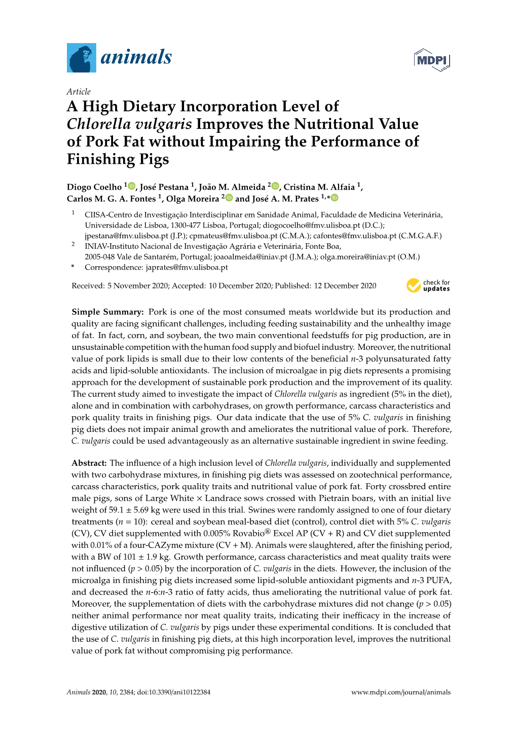 A High Dietary Incorporation Level of Chlorella Vulgaris Improves the Nutritional Value of Pork Fat Without Impairing the Performance of Finishing Pigs