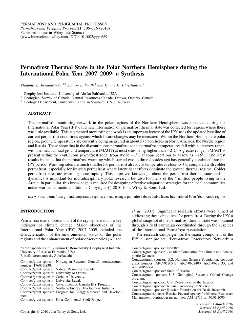 Permafrost Thermal State in the Polar Northern Hemisphere During the International Polar Year 2007–2009: a Synthesis