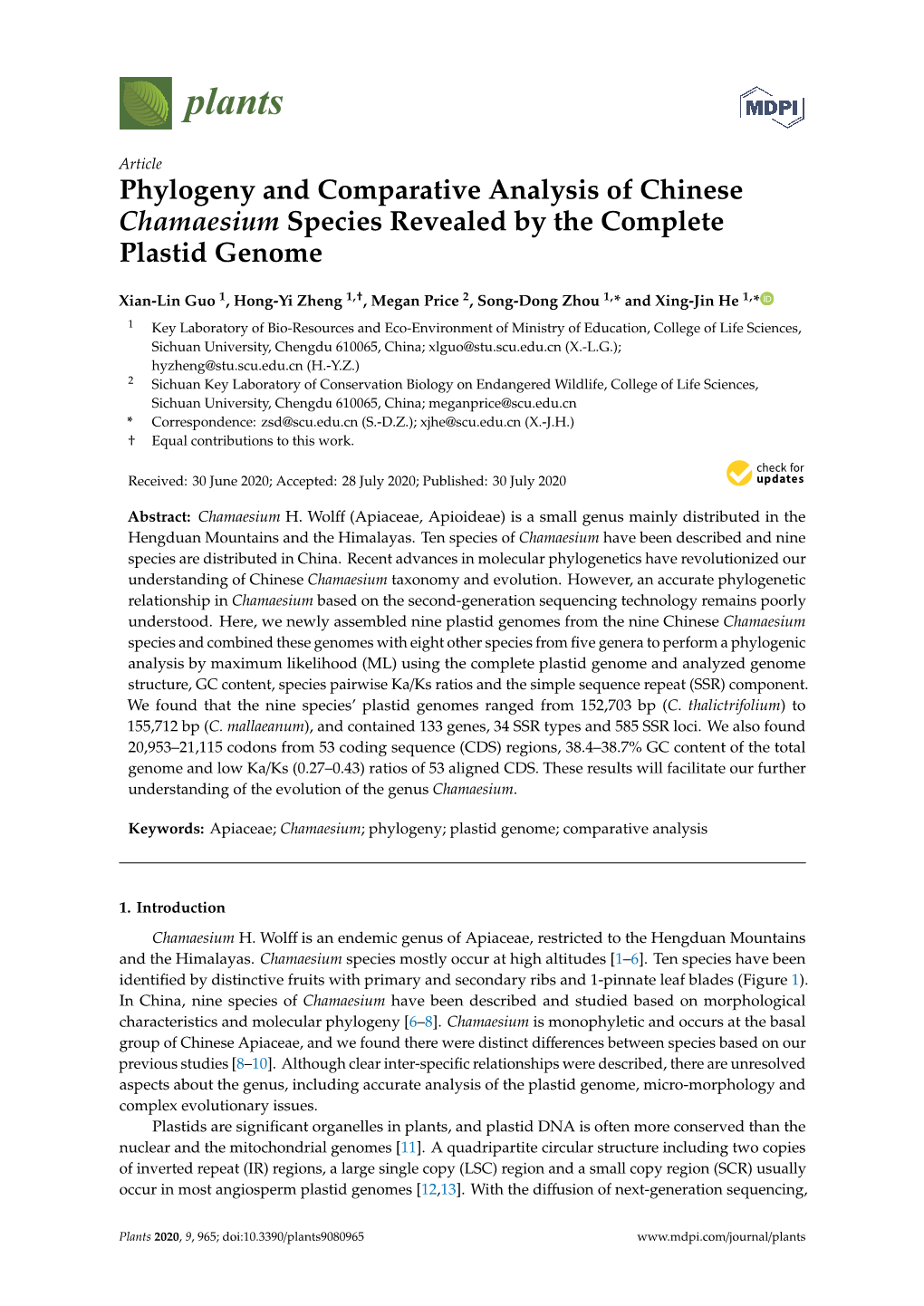 Phylogeny and Comparative Analysis of Chinese Chamaesium Species Revealed by the Complete Plastid Genome