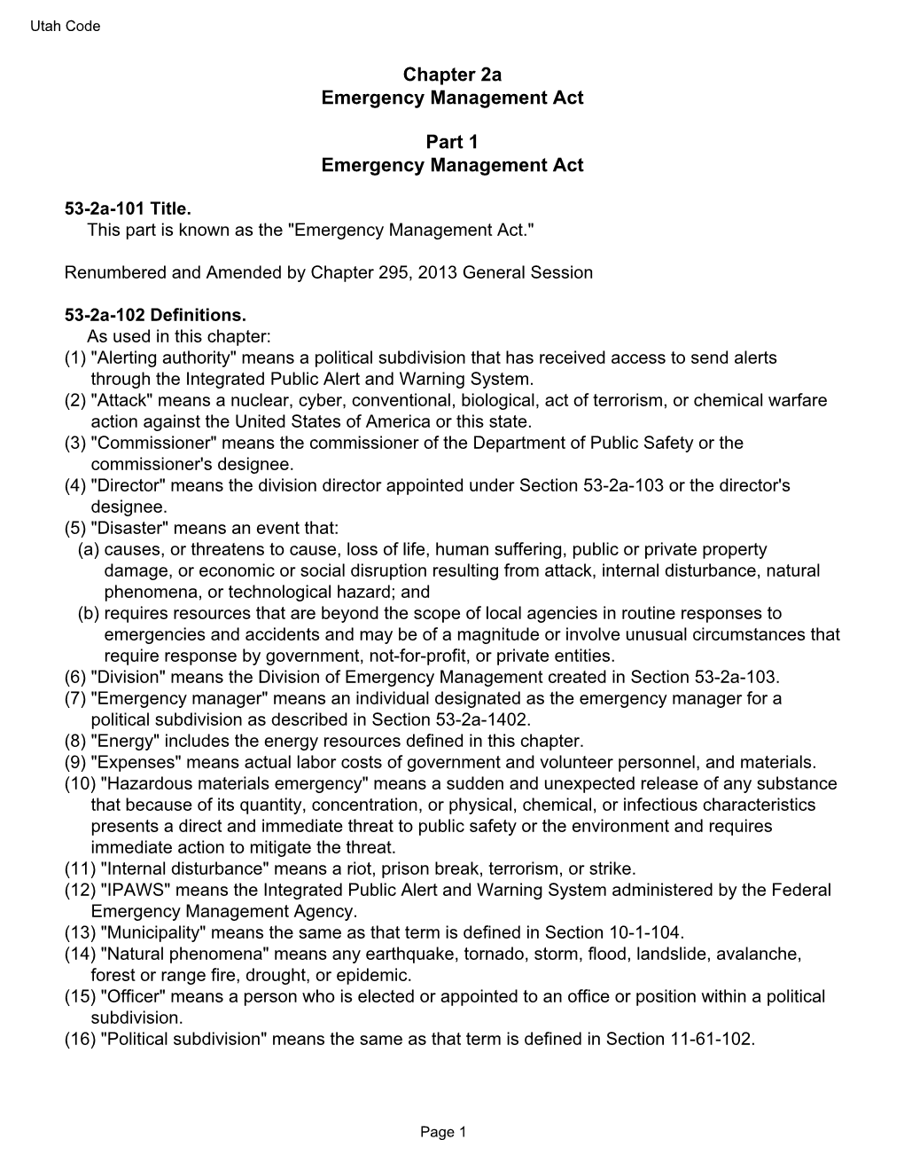 Chapter 2A Emergency Management Act Part 1 Emergency Management