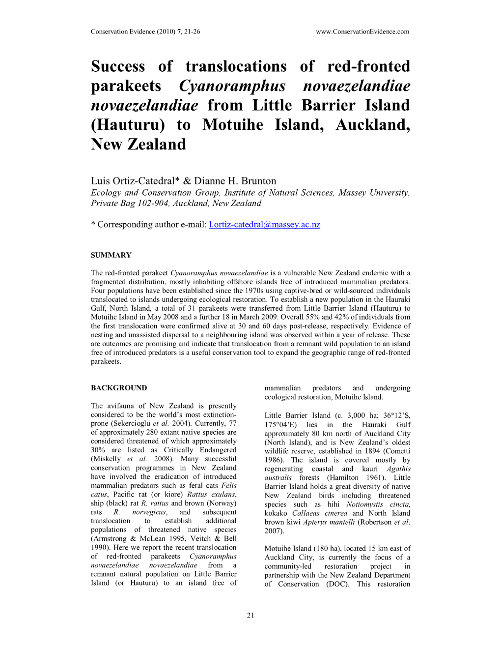 Success of Translocations of Red-Fronted Parakeets