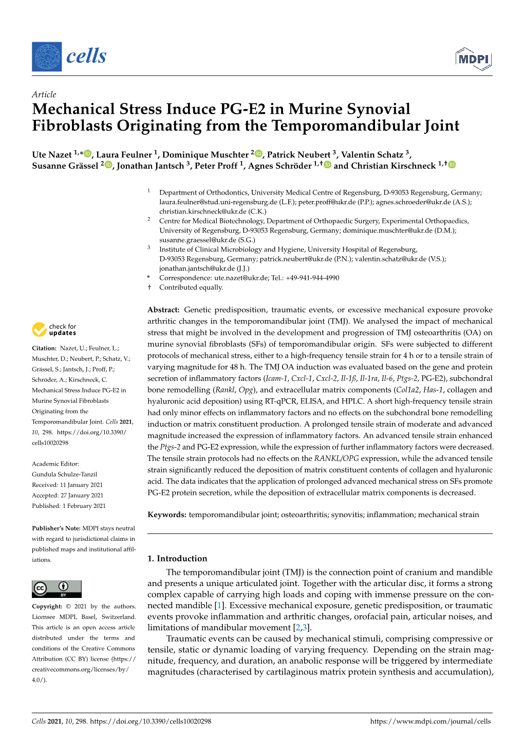 Mechanical Stress Induce PG-E2 in Murine Synovial Fibroblasts Originating from the Temporomandibular Joint