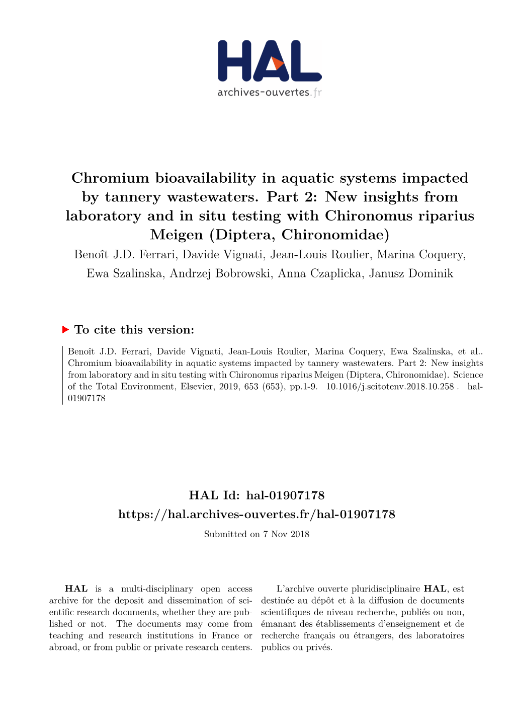 Chromium Bioavailability in Aquatic Systems Impacted by Tannery Wastewaters