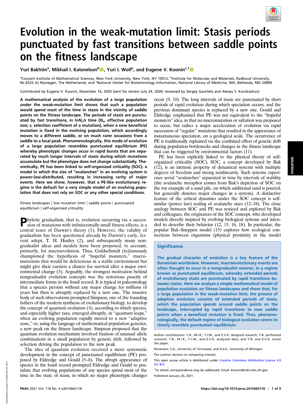 Evolution in the Weak-Mutation Limit: Stasis Periods Punctuated by Fast Transitions Between Saddle Points on the Fitness Landscape