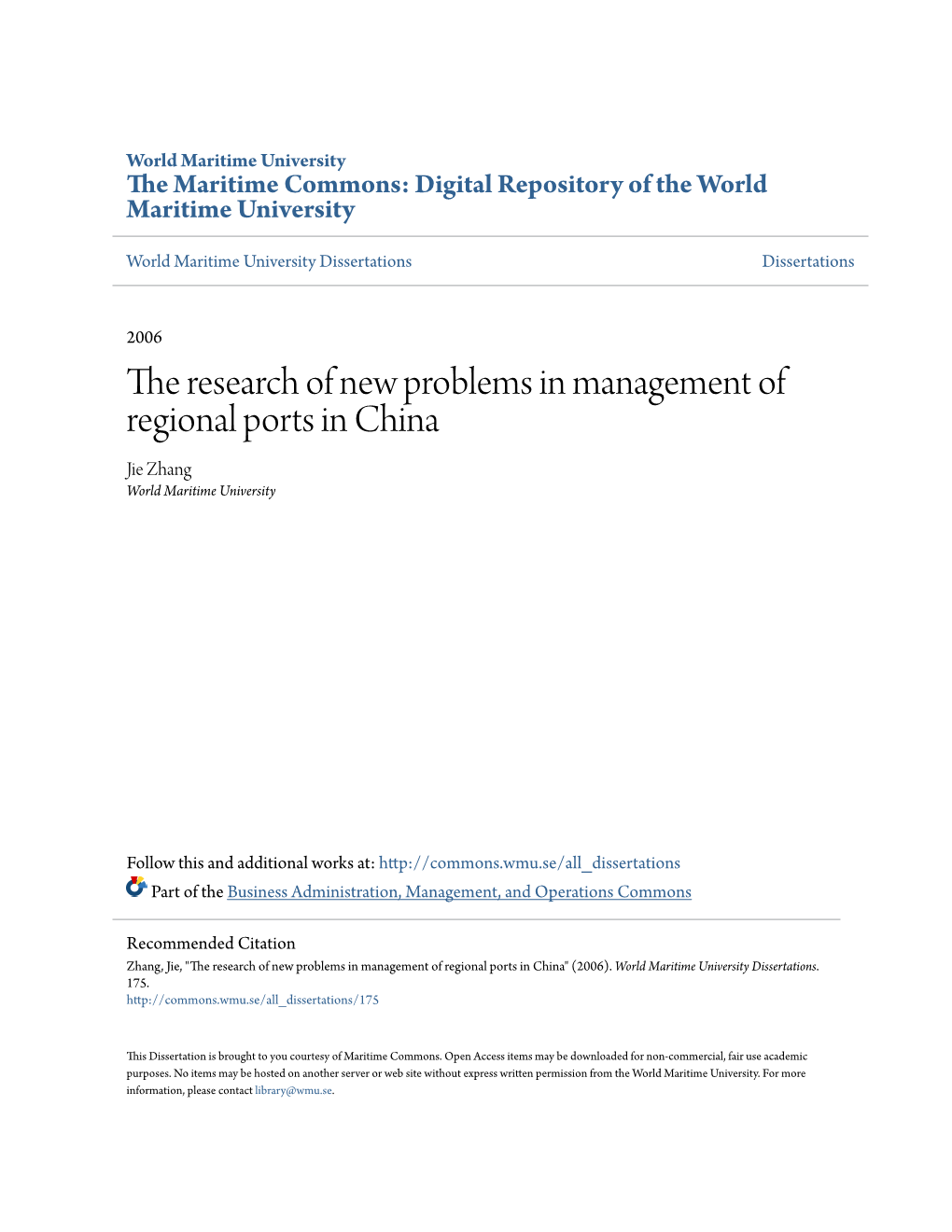 The Research of New Problems in Management of Regional Ports in China