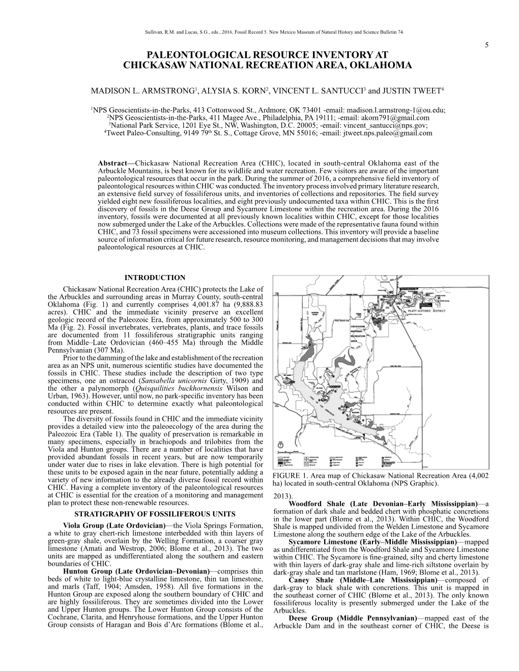 Paleontological Resource Inventory at Chickasaw National Recreation Area, Oklahoma