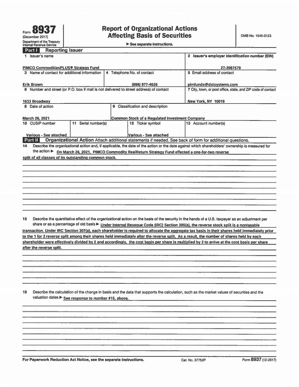 Report of Organizational Actions Affecting Basis of Securities