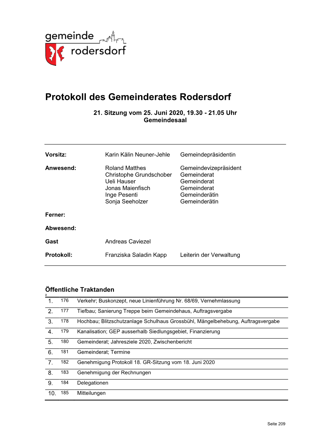 Protokoll Des Gemeinderates Rodersdorf