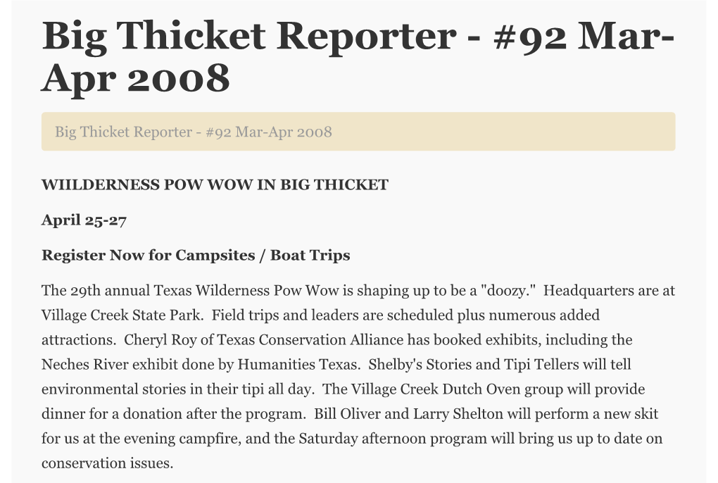Big Thicket Reporter - #92 Mar-Apr 2008 | Bigthicket.Org