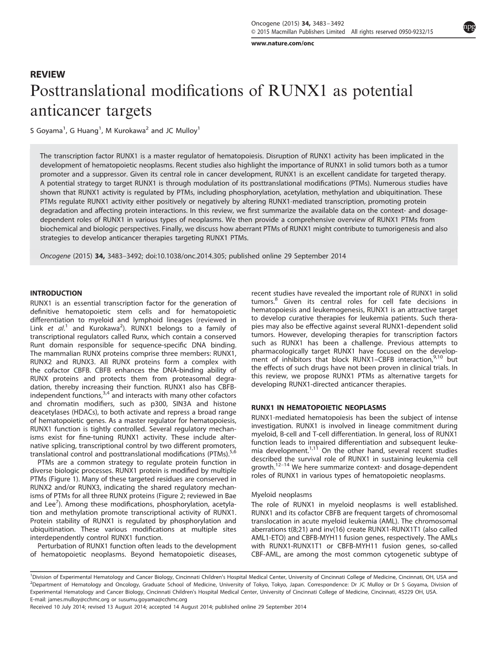 Posttranslational Modifications of RUNX1 As Potential Anticancer