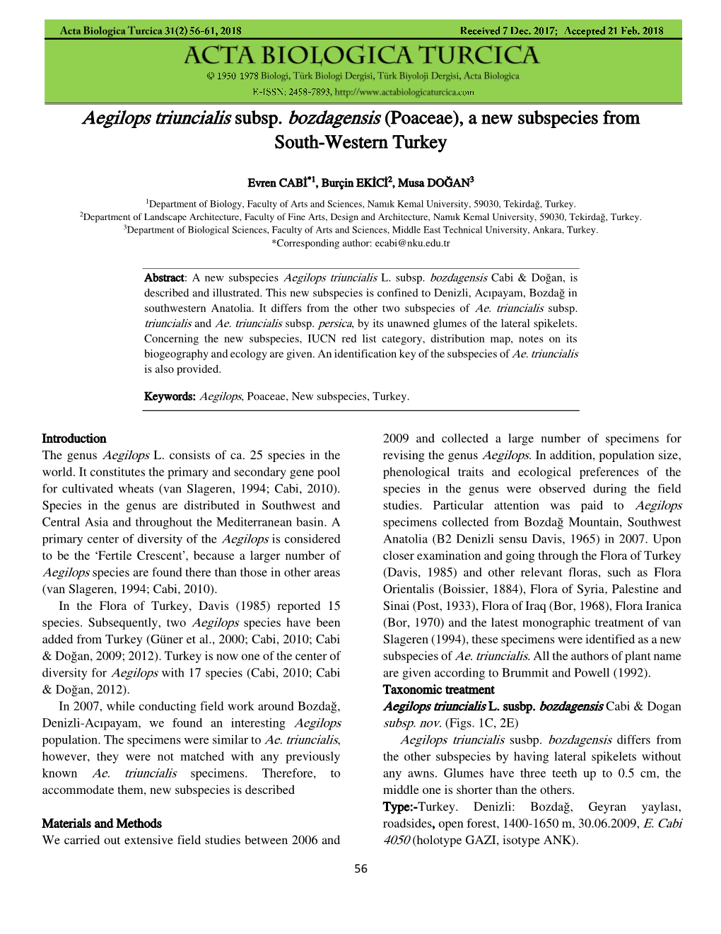 Aegilops Triuncialis Subsp. Bozdagensis (Poaceae), a New Subspecies from South-Western Turkey