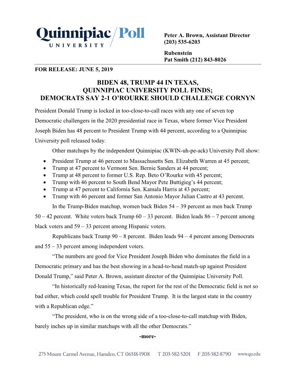 Biden 48, Trump 44 in Texas, Quinnipiac University Poll Finds; Democrats Say 2-1 O’Rourke Should Challenge Cornyn