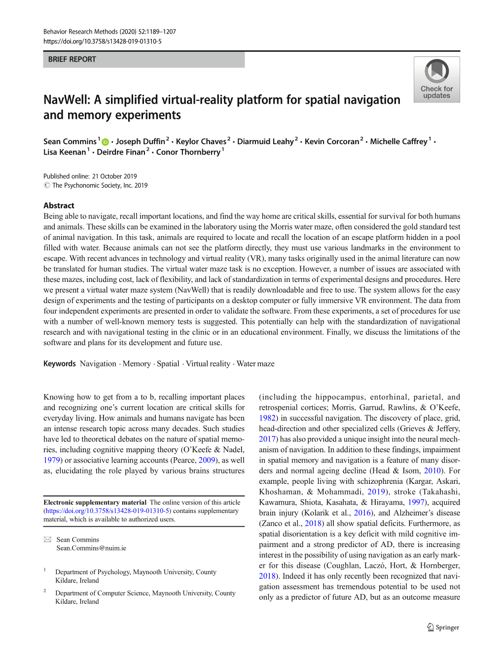 Navwell: a Simplified Virtual-Reality Platform for Spatial Navigation and Memory Experiments