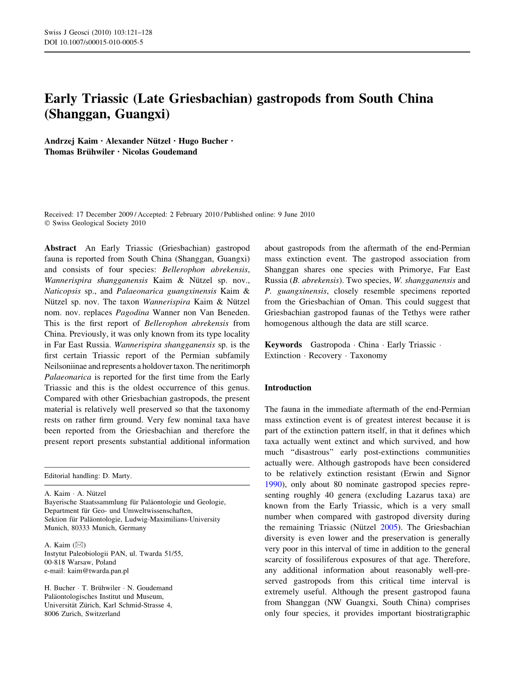 Early Triassic (Late Griesbachian) Gastropods from South China (Shanggan, Guangxi)