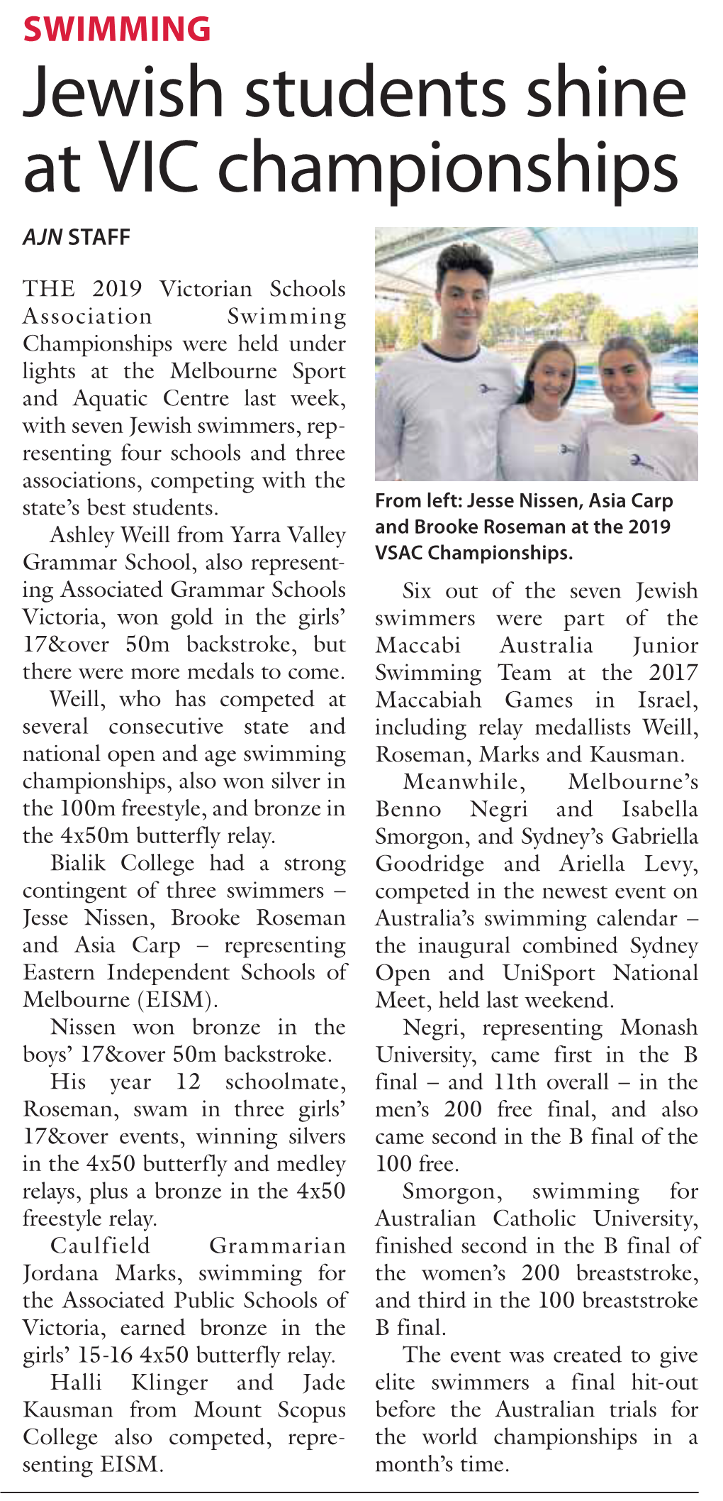 Jewish Students Shine at VIC Championships