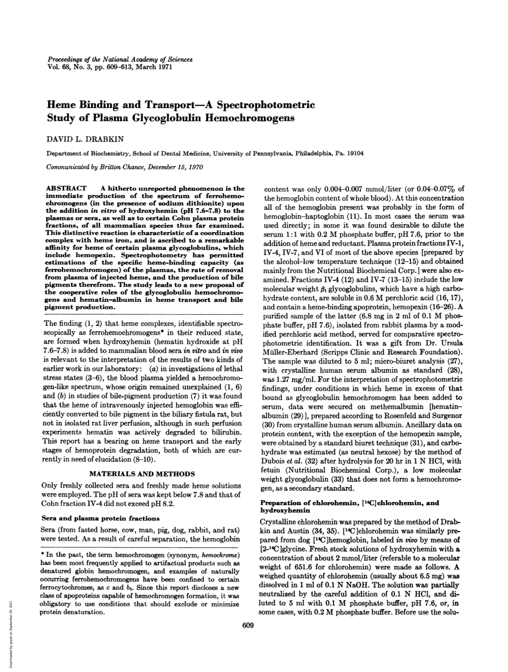 Study of Plasma Glycoglobulin Hemochromogens