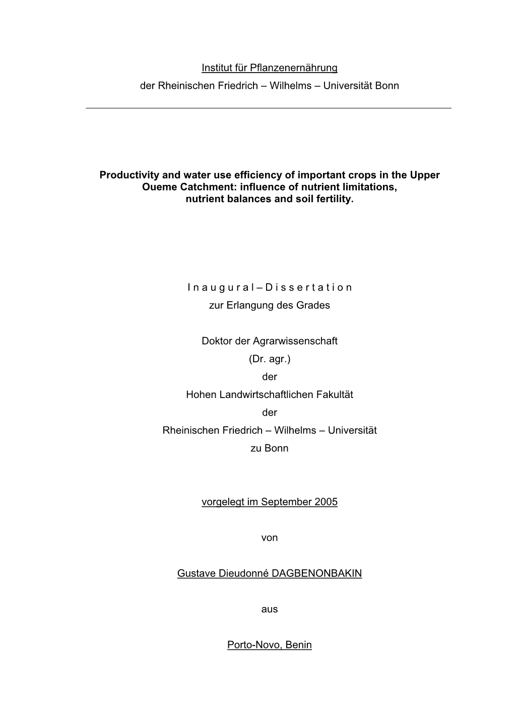 Wilhelms – Universität Bonn Productivity and Water Use Efficie