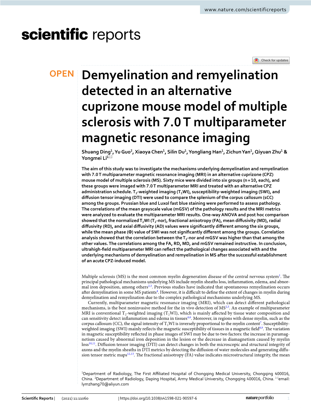 Demyelination and Remyelination Detected in an Alternative Cuprizone