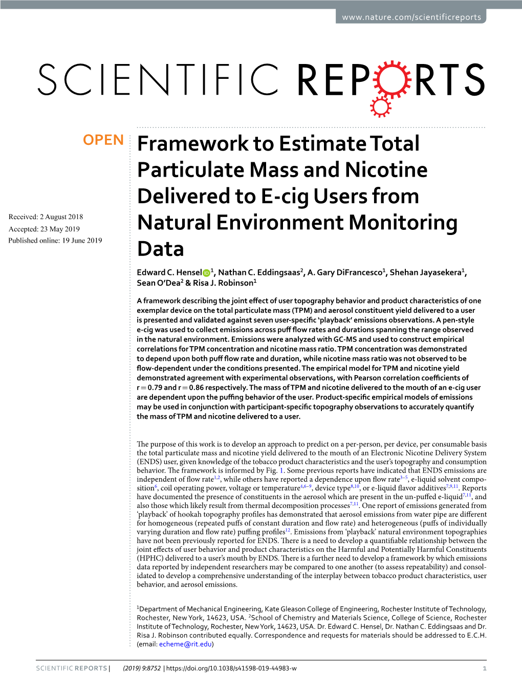 Framework to Estimate Total Particulate Mass and Nicotine