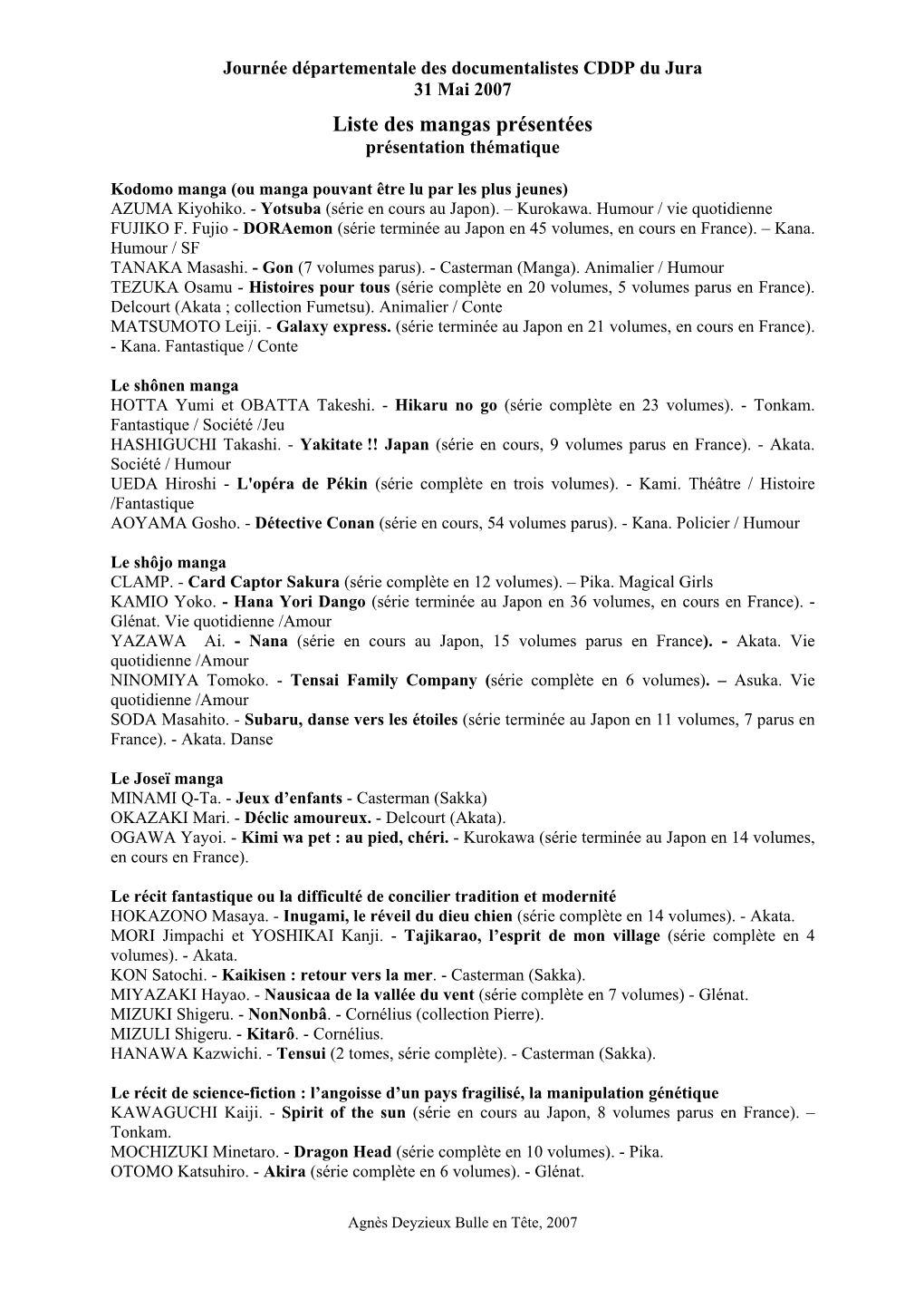 Liste Des Mangas Prsents, Prsentation Thmatique