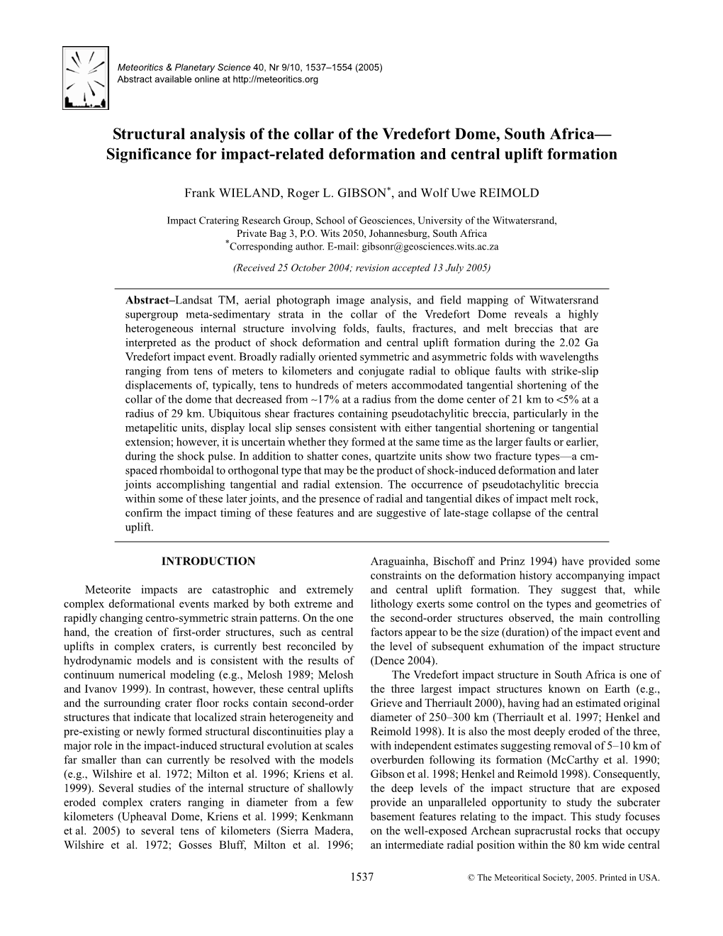 Structural Analysis of the Collar of the Vredefort Dome, South Africa— Significance for Impact-Related Deformation and Central Uplift Formation