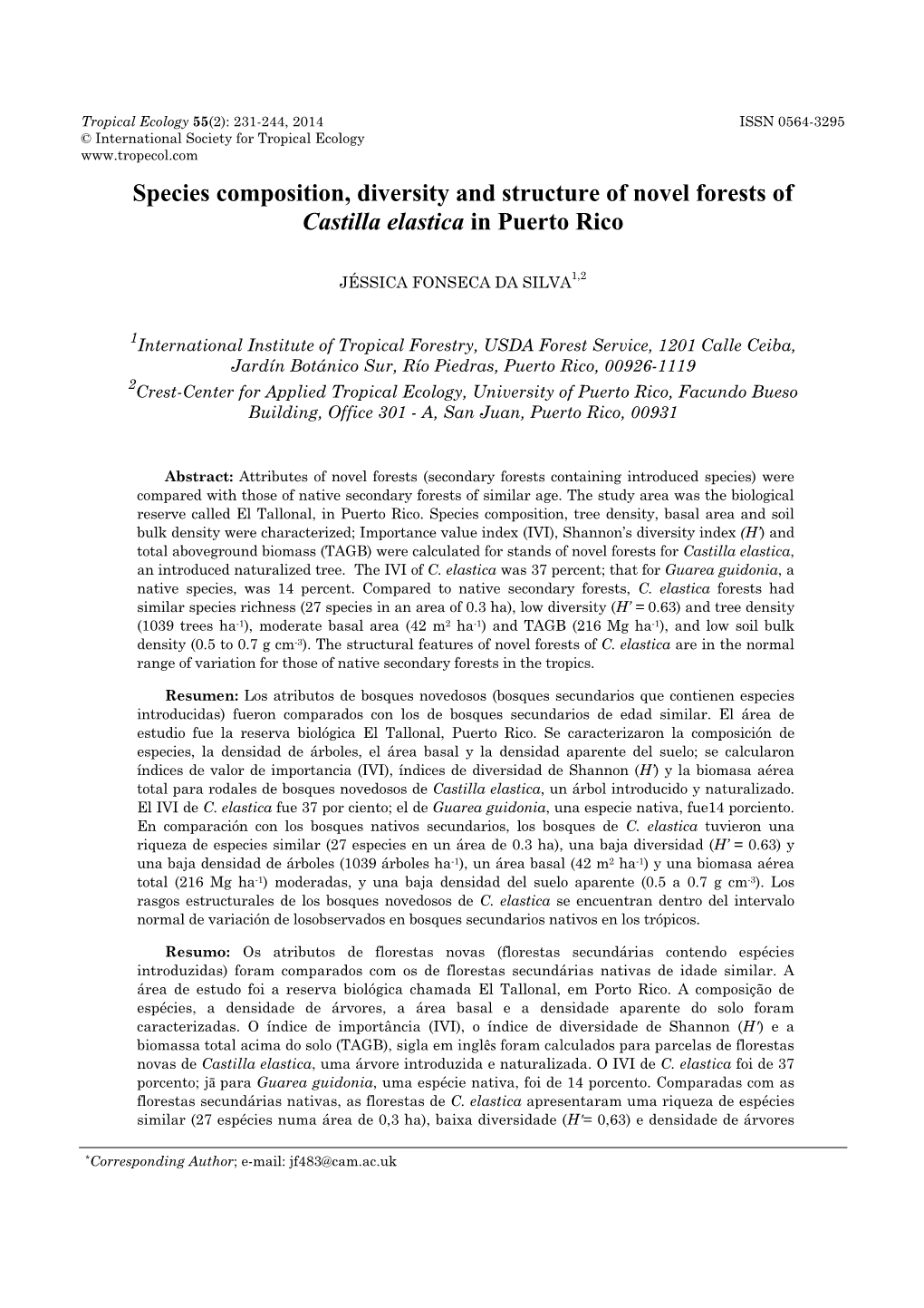 Species Composition, Diversity and Structure of Novel Forests of Castilla Elastica in Puerto Rico