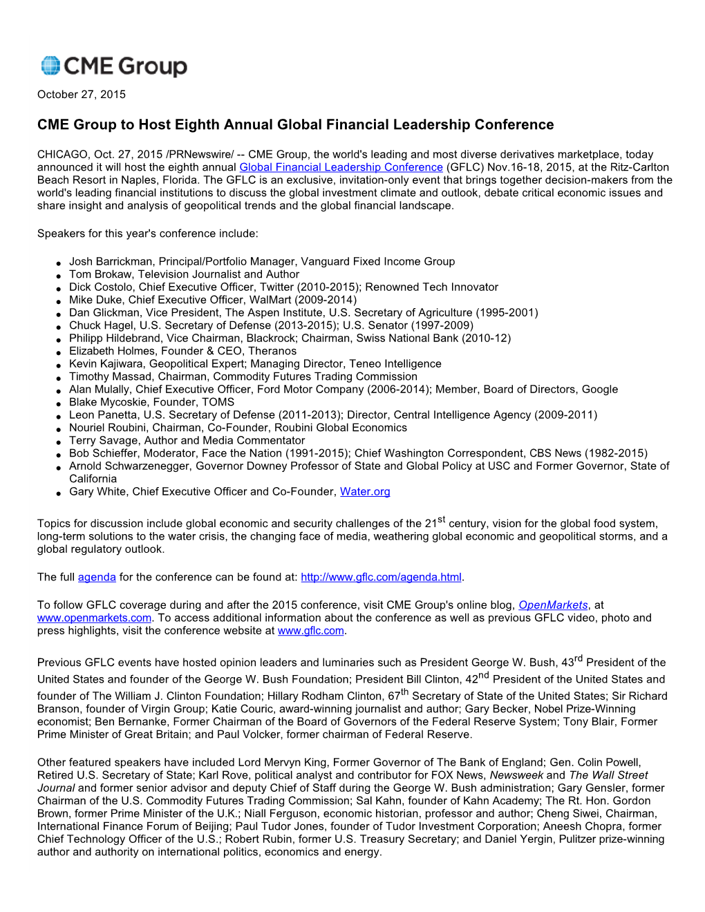 CME Group to Host Eighth Annual Global Financial Leadership Conference