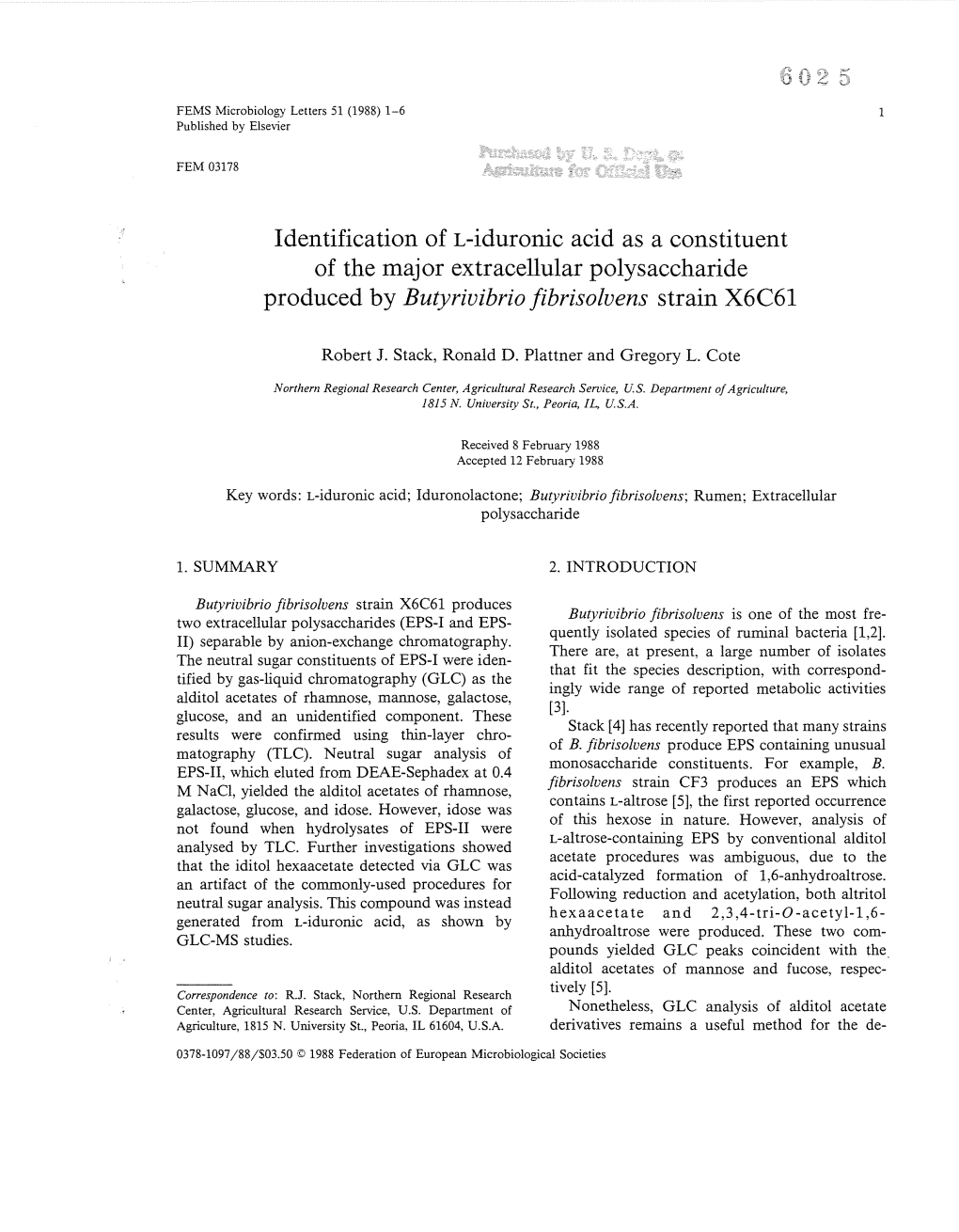 Identification of L-Iduronic Acid As a Constituent of the Major Extracellular Polysaccharide Produced by Butyriuibrio Fibrisoluens Strain X6C61