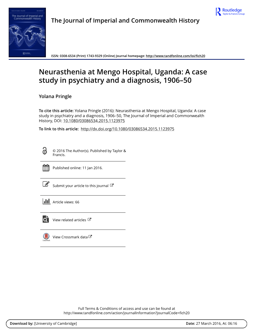 Neurasthenia at Mengo Hospital, Uganda: a Case Study in Psychiatry and a Diagnosis, 1906–50