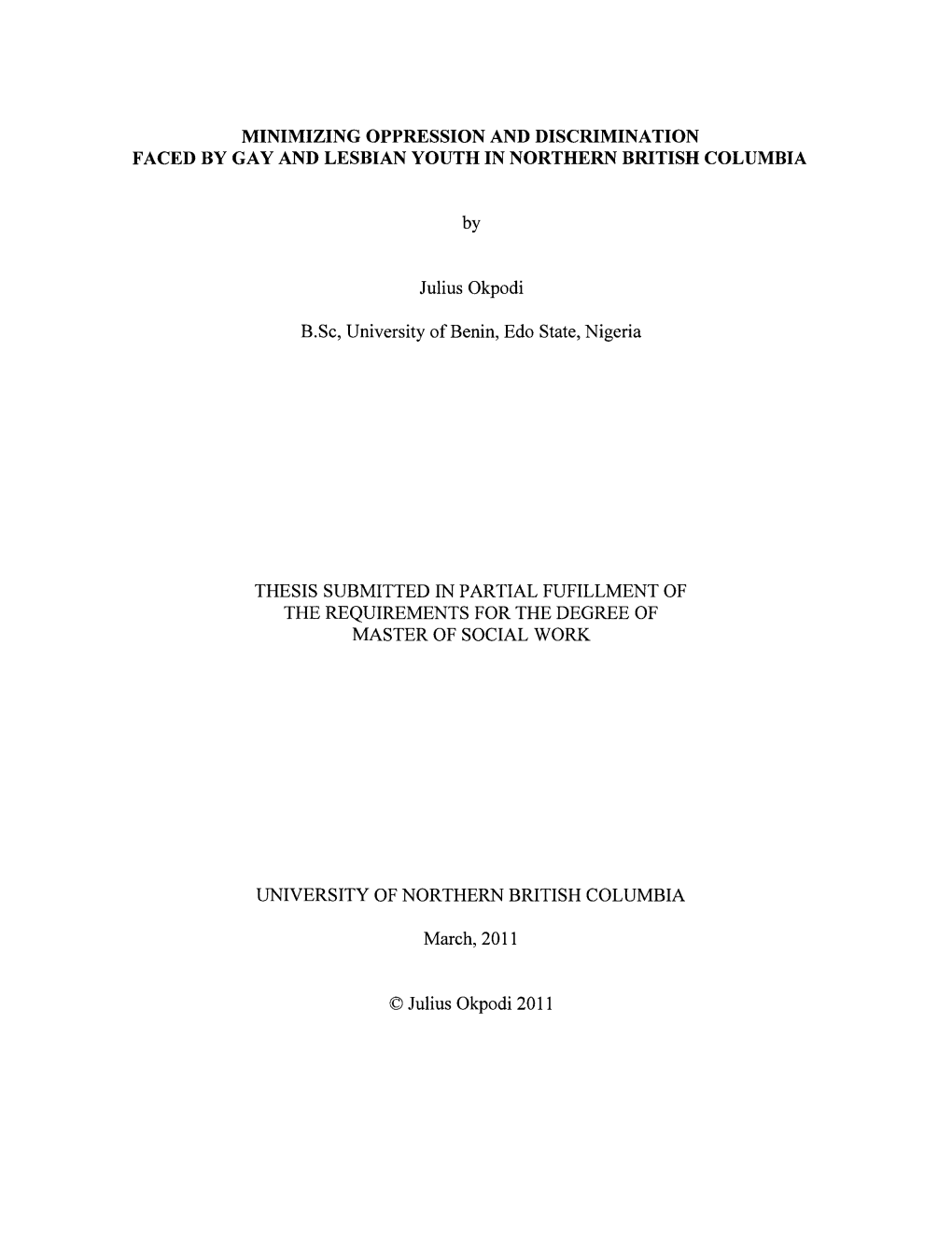 Minimizing Oppression and Discrimination Faced by Gay and Lesbian Youth in Northern British Columbia