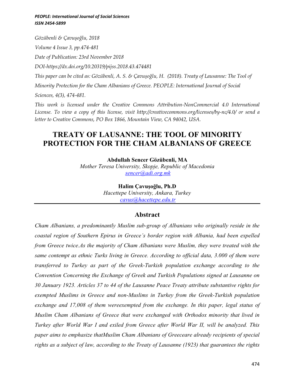 Treaty of Lausanne: the Tool of Minority Protection for the Cham Albanians of Greece