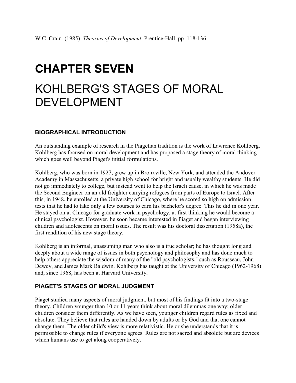 Chapter Seven Kohlberg's Stages of Moral Development