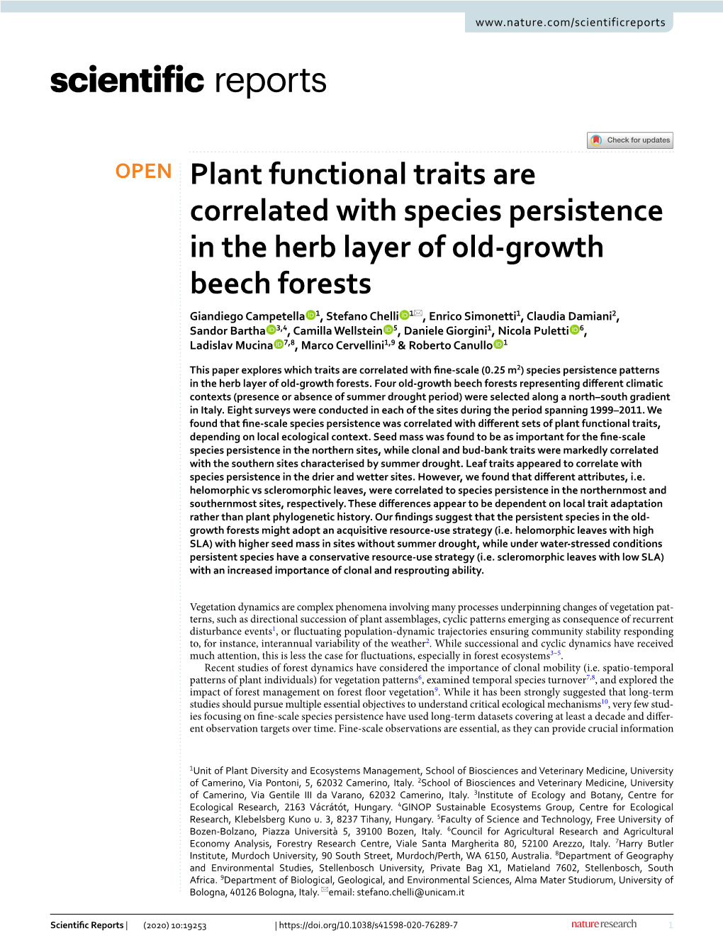 Plant Functional Traits Are Correlated with Species Persistence in the Herb