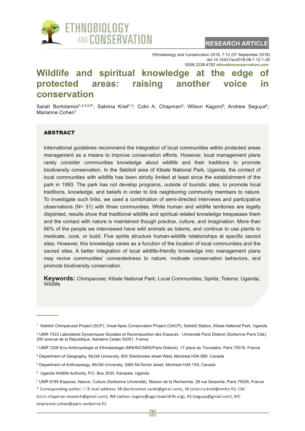 Wildlife and Spiritual Knowledge at the Edge of Protected Areas: Raising Another Voice in Conservation Sarah Bortolamiol1,2,3,4,5*; Sabrina Krief1,3; Colin A