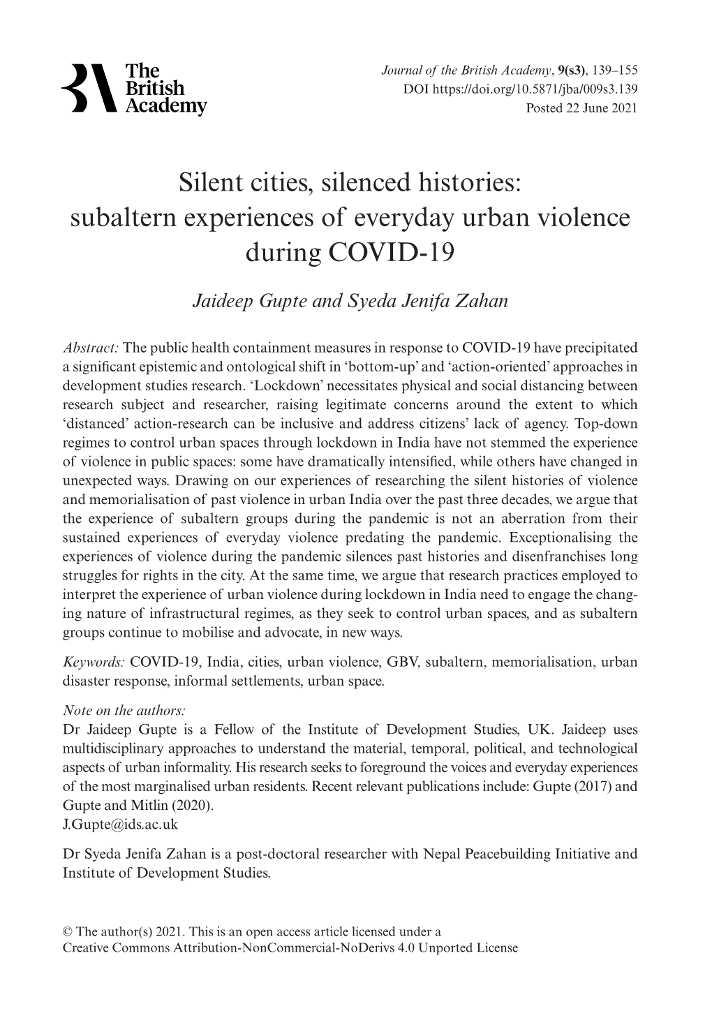 Subaltern Experiences of Everyday Urban Violence During COVID-19