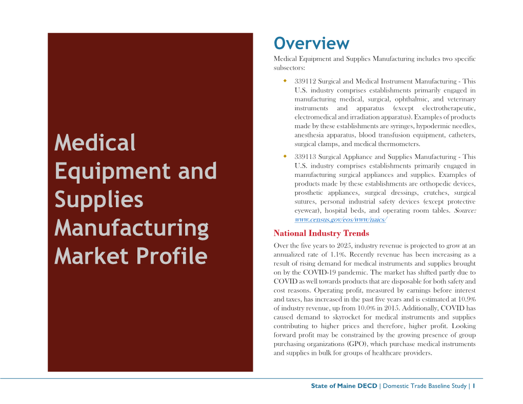 Medical Equipment and Supplies Manufacturing Market Profile Whole in Surgical and Medical Instrument Manufacturing, with a Location Quotient of 0.07