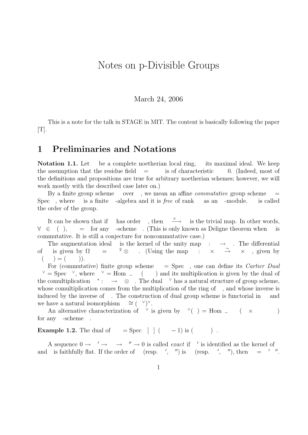 Notes on P-Divisible Groups